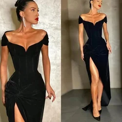 Women's Sexy Off Shoulder Black Velvet Ball Gown Pleated Vintage Special Occasion Party Dress Floor Length Celebrity Evening Gow