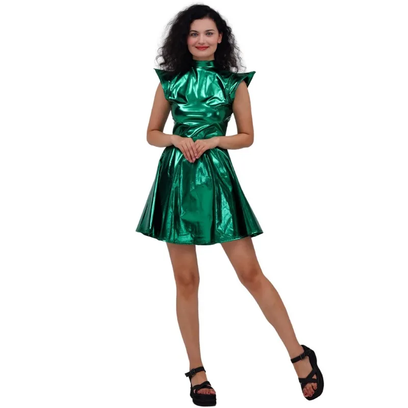 Alien Outerspace Costume Gold Patent Leather Solid Color Sexy Dress Fling Sleeve Women Halloween Party Role Play Outfit Adults