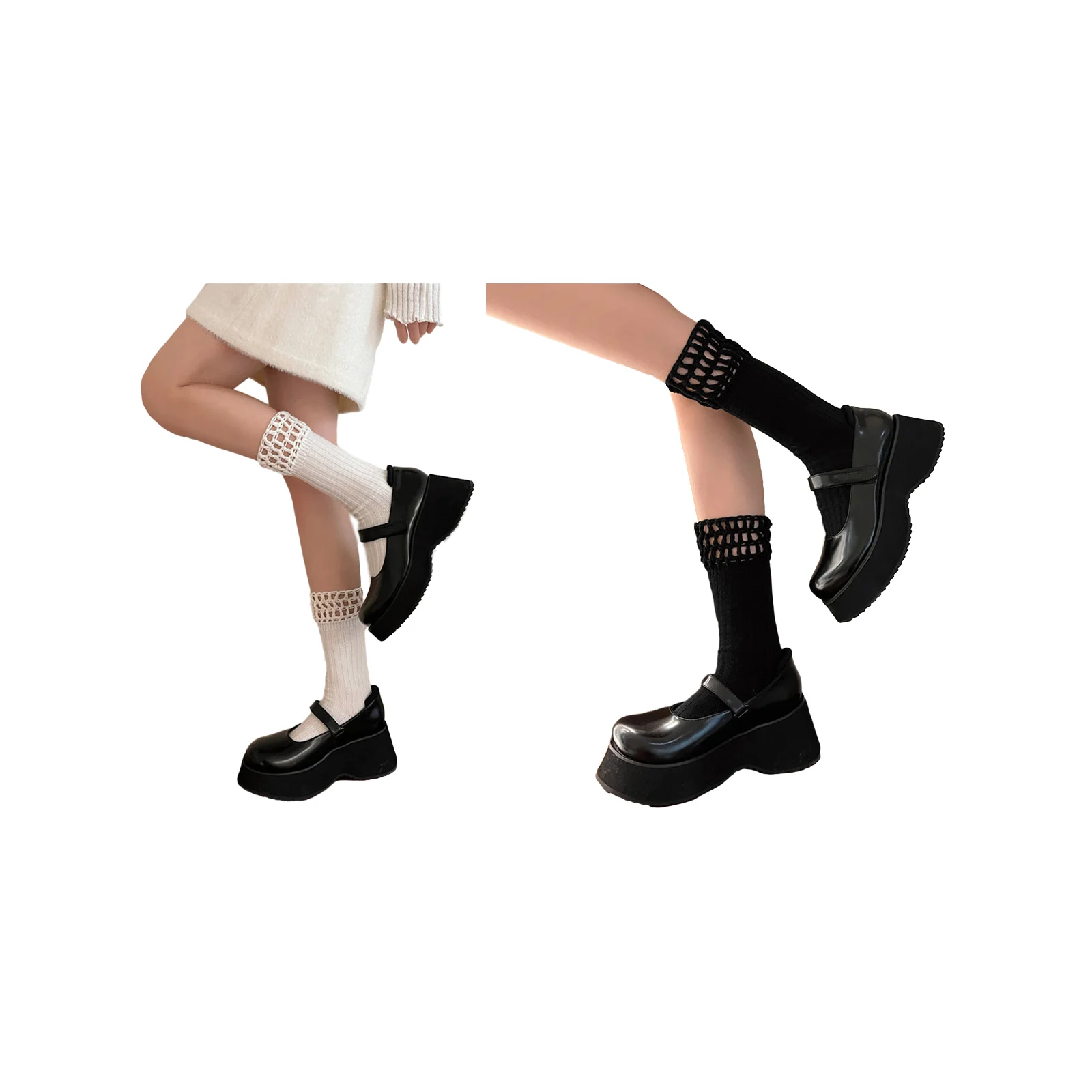Wool knitted patchwork socks set (1 pair each of white + black)