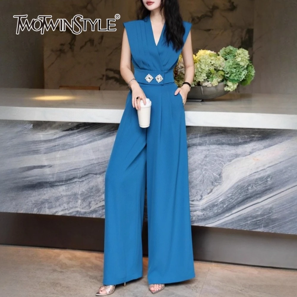 

TWOTWINSTYLE Solid Two Piece Sets for Women V Neck Sleeveless Spliced Diamond Top High Waist Wide Leg Pant Elegant Set Female
