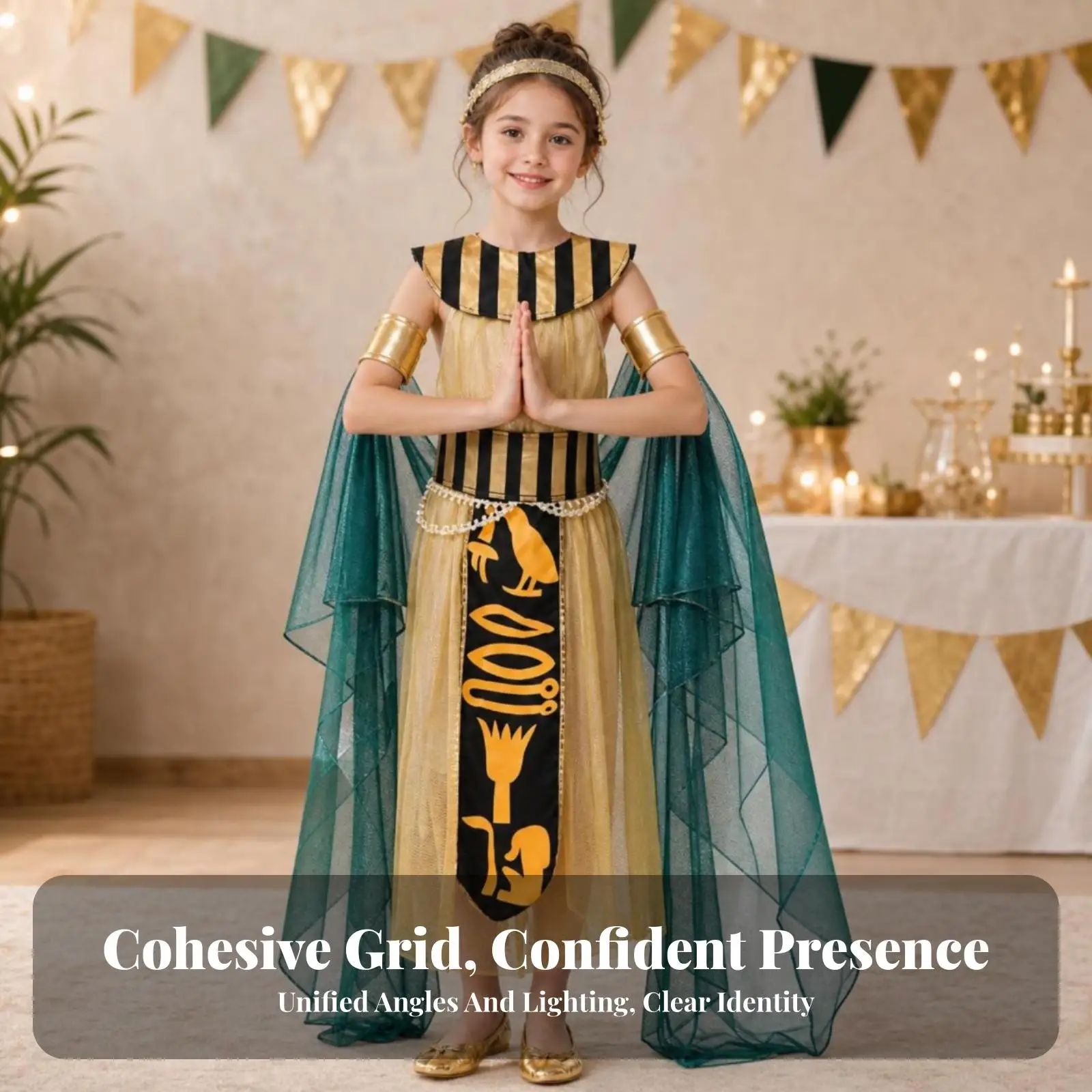 pharaoh-costume-dress-for-kids-with-translucent-green-side-panels-and-gold-trim-for-stage-and-party-use