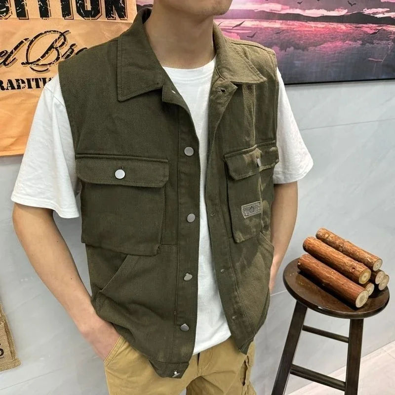 Vintage Denim Vest Loose Fitting Men's Jacket Hong Kong Streetwear with Functional Pockets Trendy Spring Autumn Layering Piece​