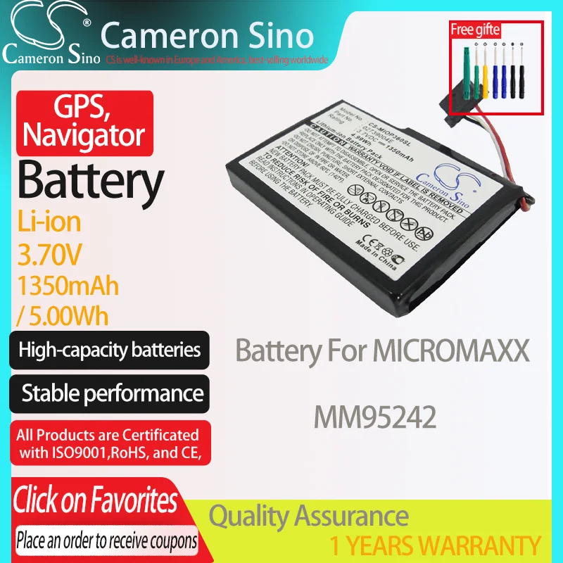 CameronSino Battery for MICROMAXX MM95242 GPS,Navigator battery 3.70V 1350mAh/5.00Wh Li-ion Black