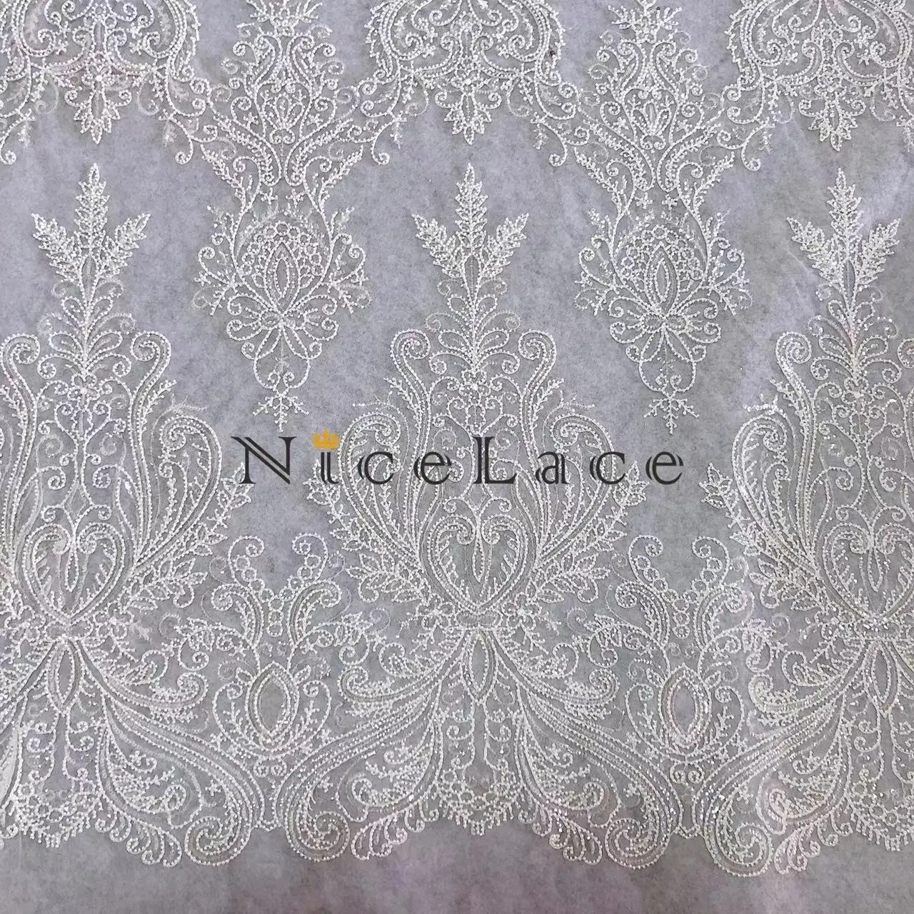 Nicelace Ready To Ship Good Quality Sequins Embroidery Lace Fabric With Full Beads Soft Tulle For Bride Wedding Gown Garments