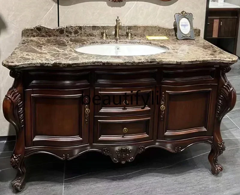Hot sales European bathroom cabinet Oak wash basin cabinet Floor-to-ceiling wash table Solid wood antique marble basin cabinet