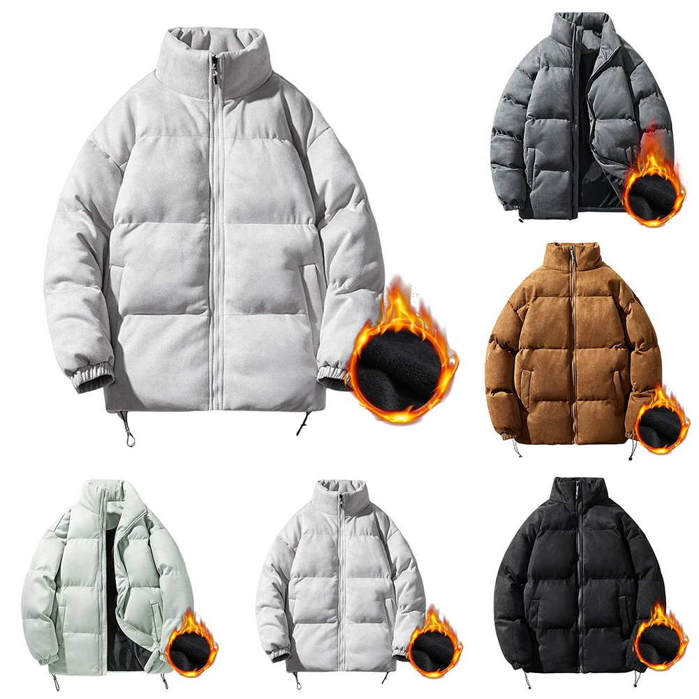 Mens Stand Collar Parkas Warm Solid Coat For Jacket Oversize Design with Drawstring Hem Suede for Casual Daily Use