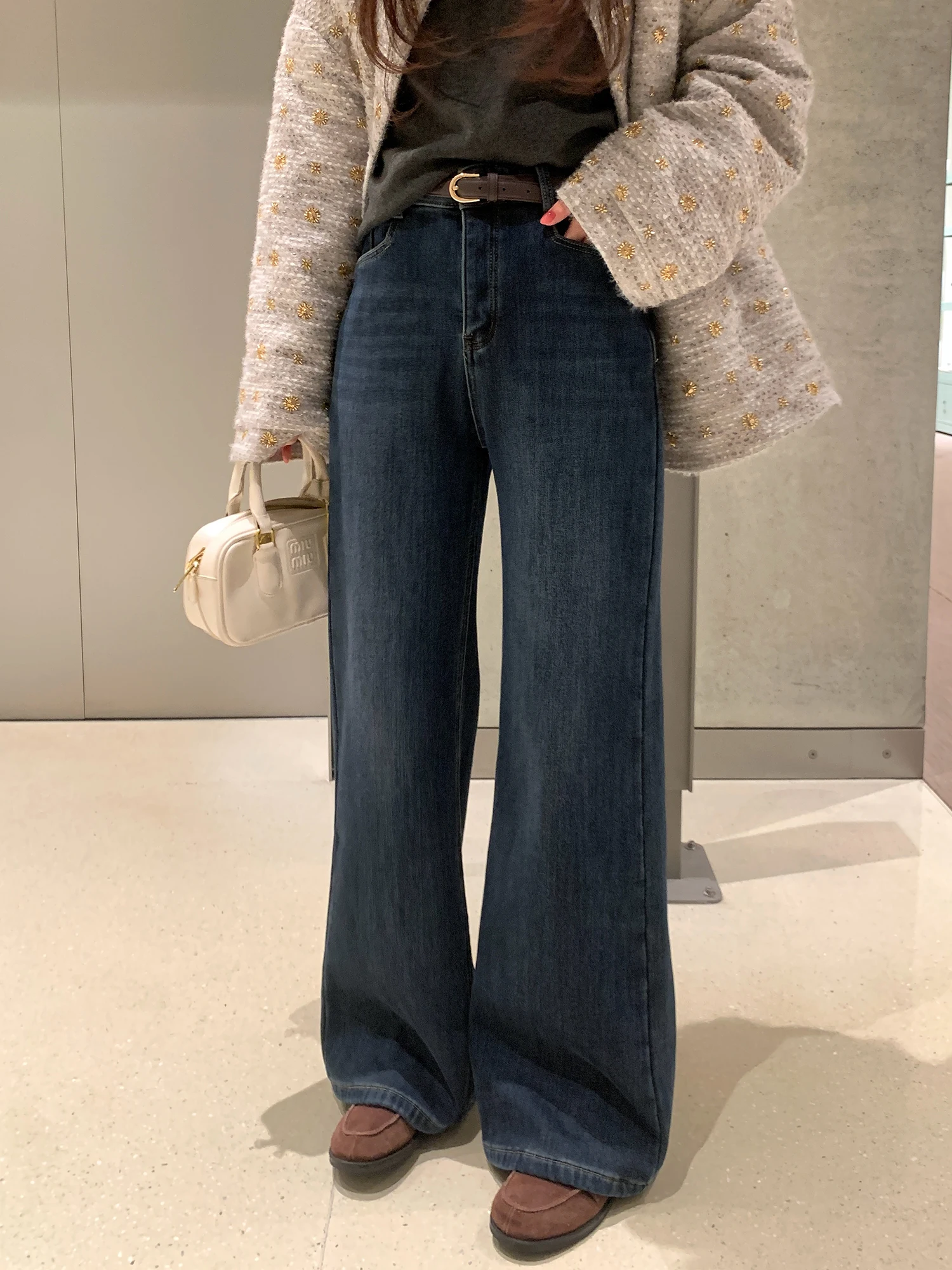 

Джинсы NAZ больших размеров с высокой талией, эластичные, прямого кроя, в стиле ретро, модные брюки-клеш для женщин, повседневная зимняя одежда