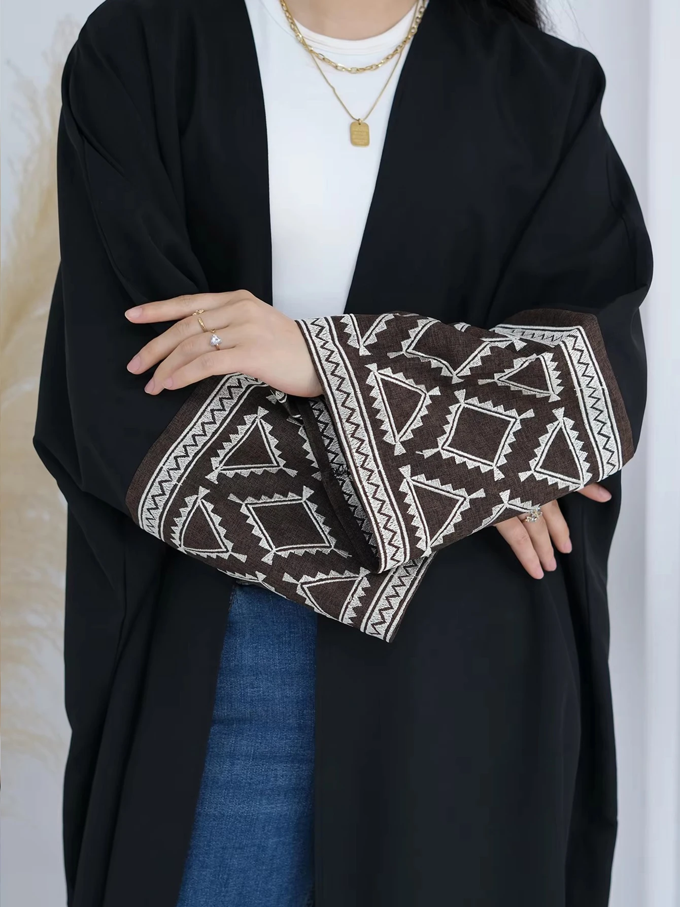 عباية نسائية قفطان إسلامي بأكمام مطرزة متباينة طول ماكسي فستان رمضان جلباب مفتوح من الأمام عبايات خارجية معاطف صوفية