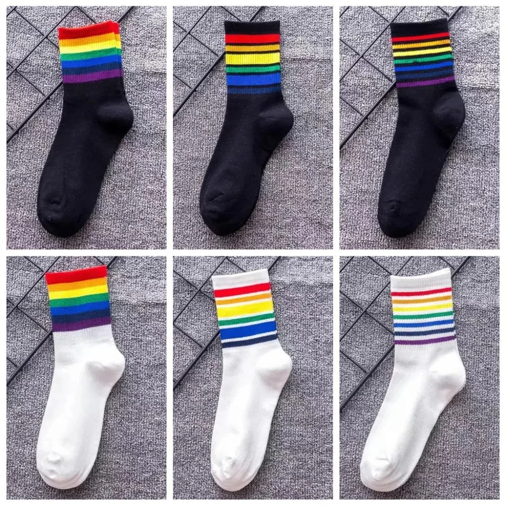6Pairs Cozy Multicolor Rainbow Stripes Socks Mid-calf Breathable Rainbow Tube Sock Y2K Patchwork Cotton Socks Trendy