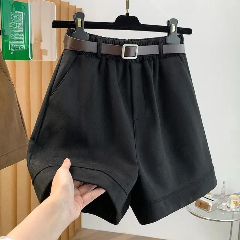 Women's Suede Short Pants Autumn Winter Outerwear High Waist A-Line Wide Leg Shorts Matching Long Boots Pure Color Casual Tro...