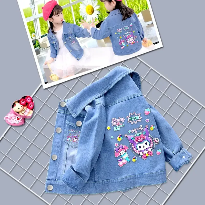 Fashion Baby Girls Hello Kitty Kuromi Denim Jacket Coat Spring Autumn Children Outerwear Kids Cotton Clothes for 2-7 Years