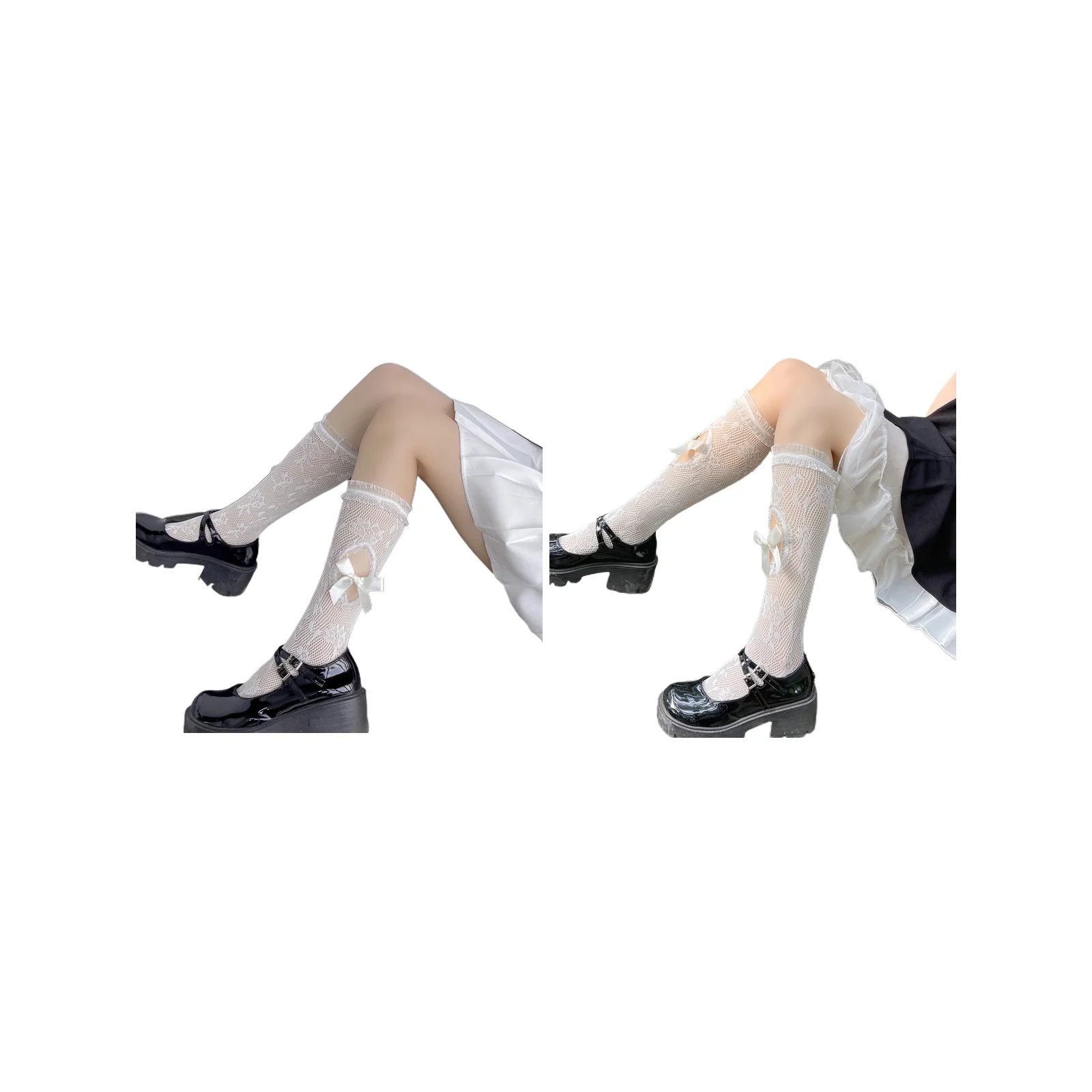 Fungus edge hollow bow lace calf socks combination (white side + front hollow 1 pair each)