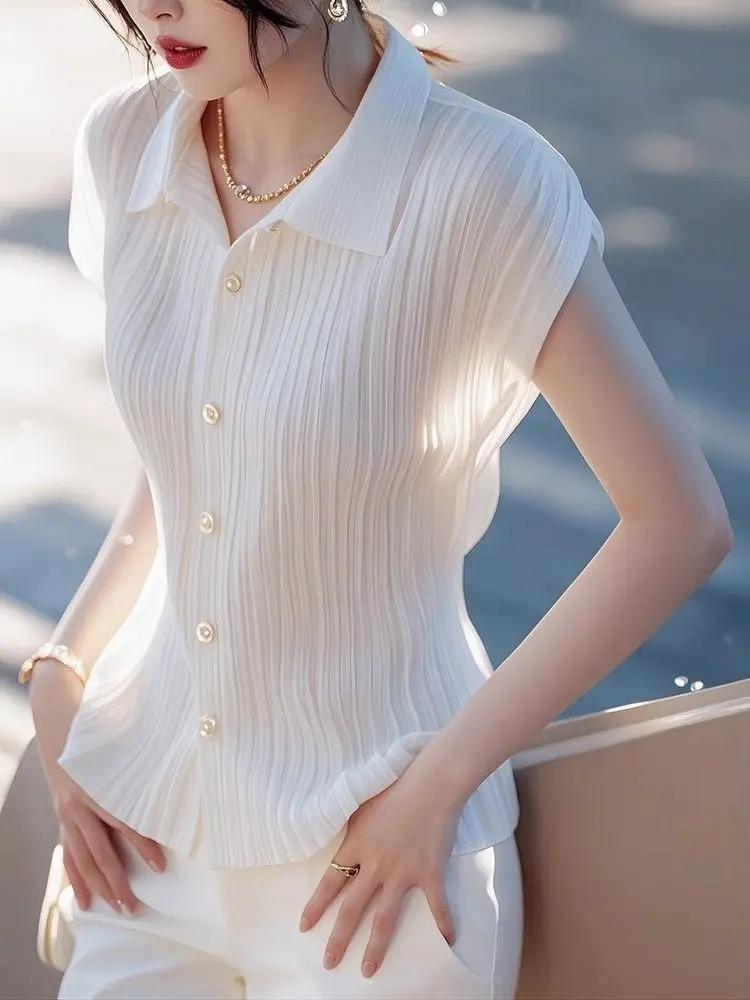 Elegant White Short Sleeve Shirt Women's Summer Thin Collar Fashionable Stylish Thin Quality Top Polyester Fiber