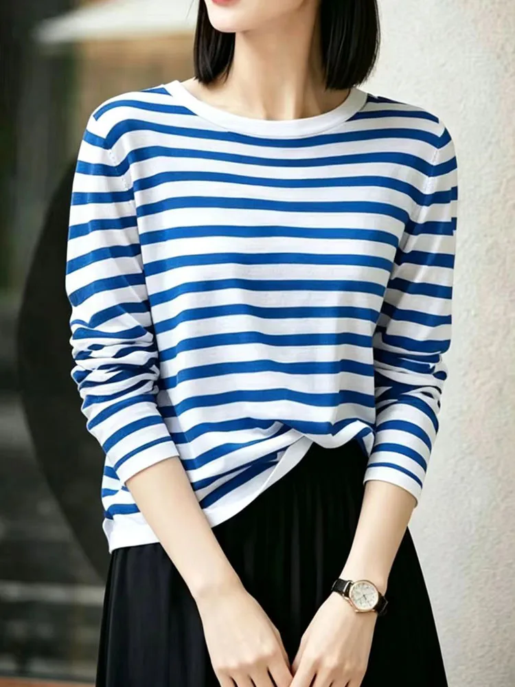 Summer Women's Loose Long Sleeve Knitted Base Shirt round Neck Striped Casual Air Conditioning Sun Protection Fashionable Top