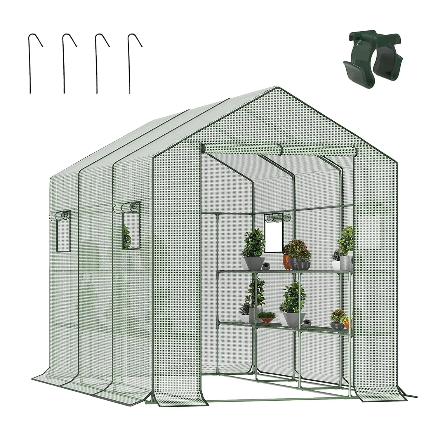 Walk-in Greenhouse with Screen Windows & Roll-Up Zipper Door, 3 Tiers 18 Shelves Plastic Portable, 67x117x83