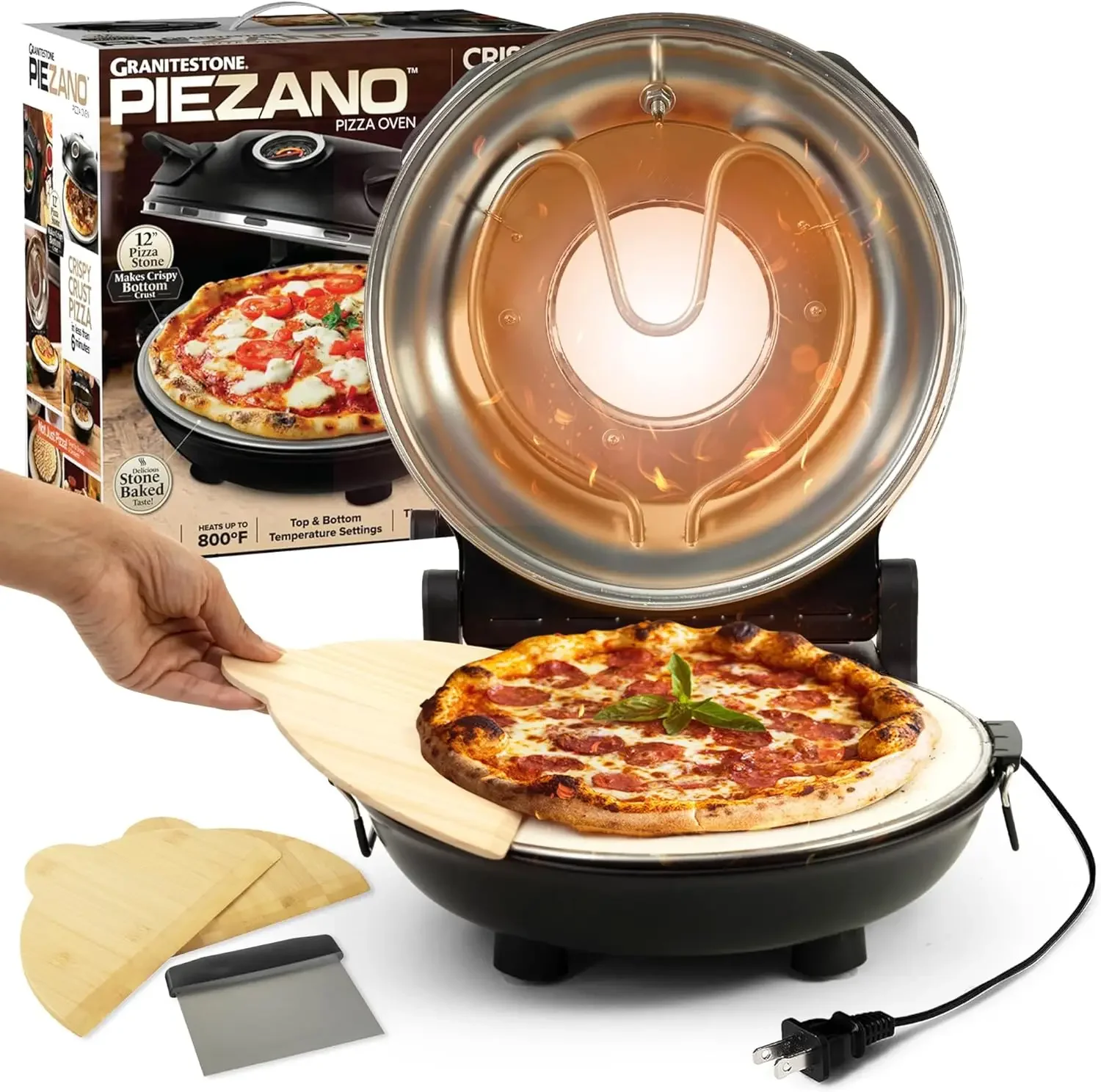 Horno de pizza Crispy Crust de Granitestone - Horno de pizza eléctrico portátil para interiores, encimera de horno de pizza para interiores de 12 pulgadas, Piz