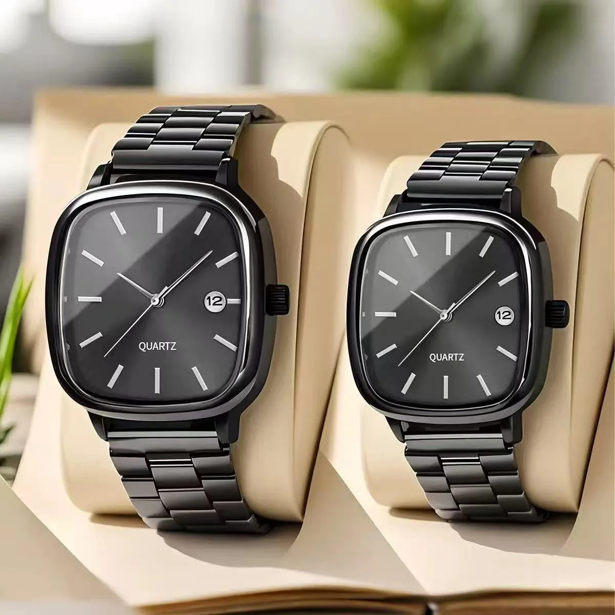 Couple Watches for Men and Women; Quartz Watches with Stainless Steel Bands and Calendar; Christmas Gift.