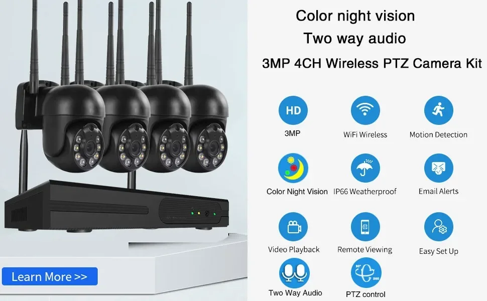 ระบบกล้องวงจรปิดไร้สาย 4CH HD แบบโดม NVR ชุดกล้องวงจรปิด Wifi สำหรับภายนอกอาคาร ความละเอียด 3MP กล้อง IP หมุนได้ ระบบรักษาความปลอดภัย พร้อมจอ LCD