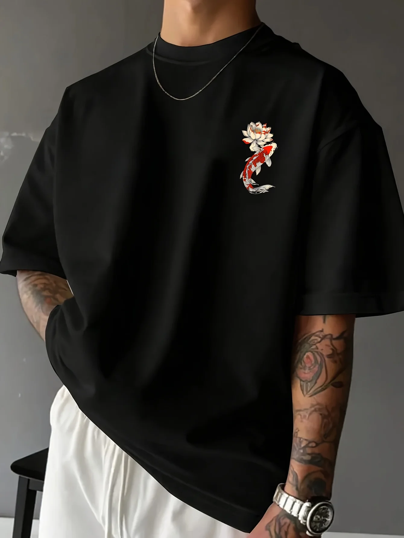 Men's Vintage Style Short-Sleeve T-Shirt: Features a Koi Fish and for Lotus Flower 