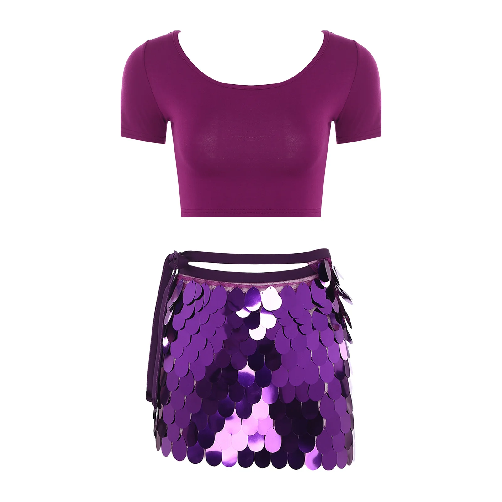 Costume da danza del ventre da donna, girocollo, manica corta, camicia corta e sciarpa allacciata con paillettes lucide per club di classe sul palco