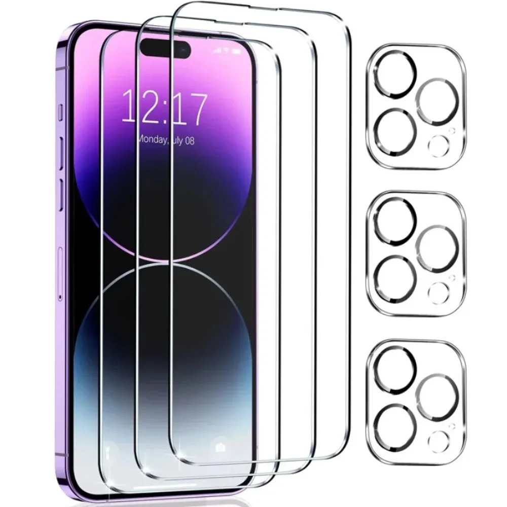 واقي شاشة مع عدسة كاميرا لهاتف أيفون ، غطاء كامل ، 3 Plus 3 ، iPhone 15 Pro Max ، iPhone 12 ، iPhone 13 Mini ، iPhone 14 Plus ، iPhone 11