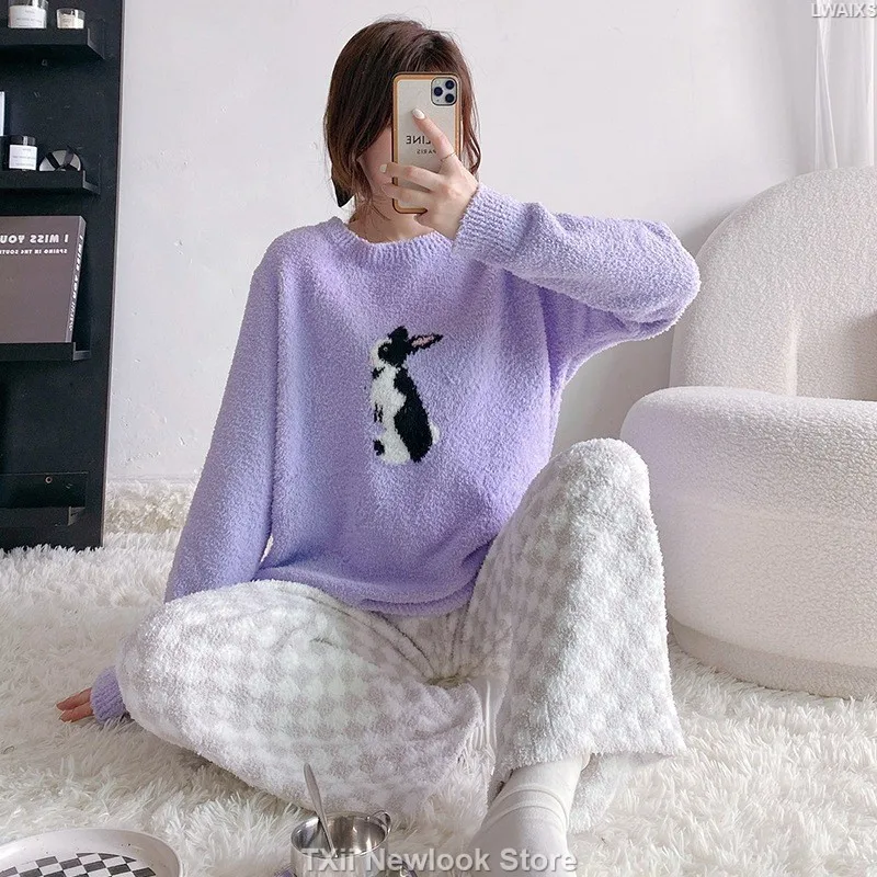 Sweet Tulip Autumn and Winter Home Clothes Feather Yarn Soft Pajamas Women's Winter Age-reducing Temperament Thickened Warm suit