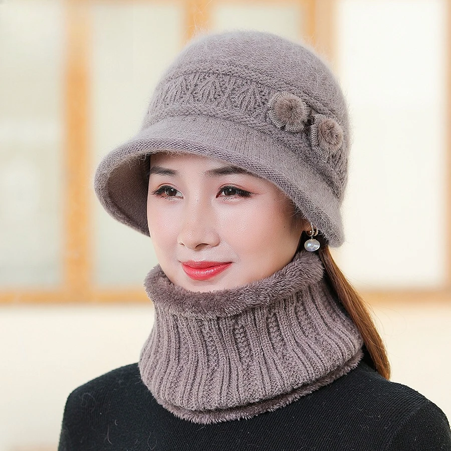 Winter Middle-aged and Elderly New Mother Hat Rabbit Fur Piled Thickened Knitted Basin Hat Warm Windproof Hat Scarf Kit