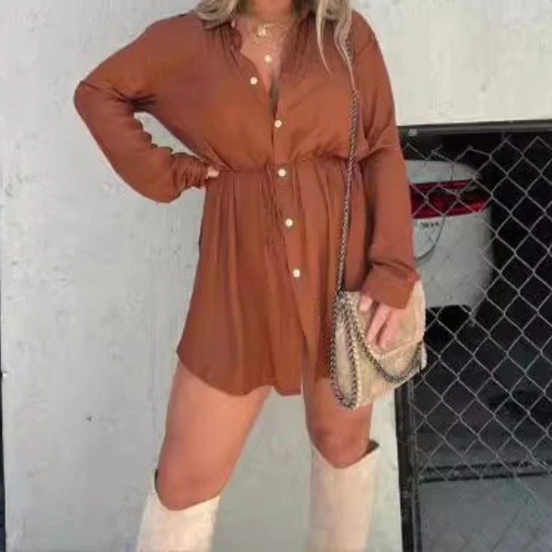 

Fall 2025 Fashion Solid Color Long Sleeve Shirt Women's Jumpsuit