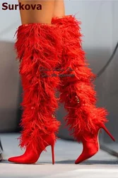 Surkova Women Red White Black Feather Over-the-knee Boots Thin High Heel Sweet Fur Thigh High Boots Pointed Toe Nightclub Shoes