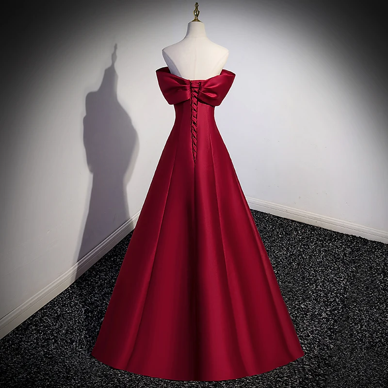 Evening Dresses Burgundy Shiny Satin Off the Shoulder Lace up Pleat A-line Floor Length Plus size Women Party Formal Gown