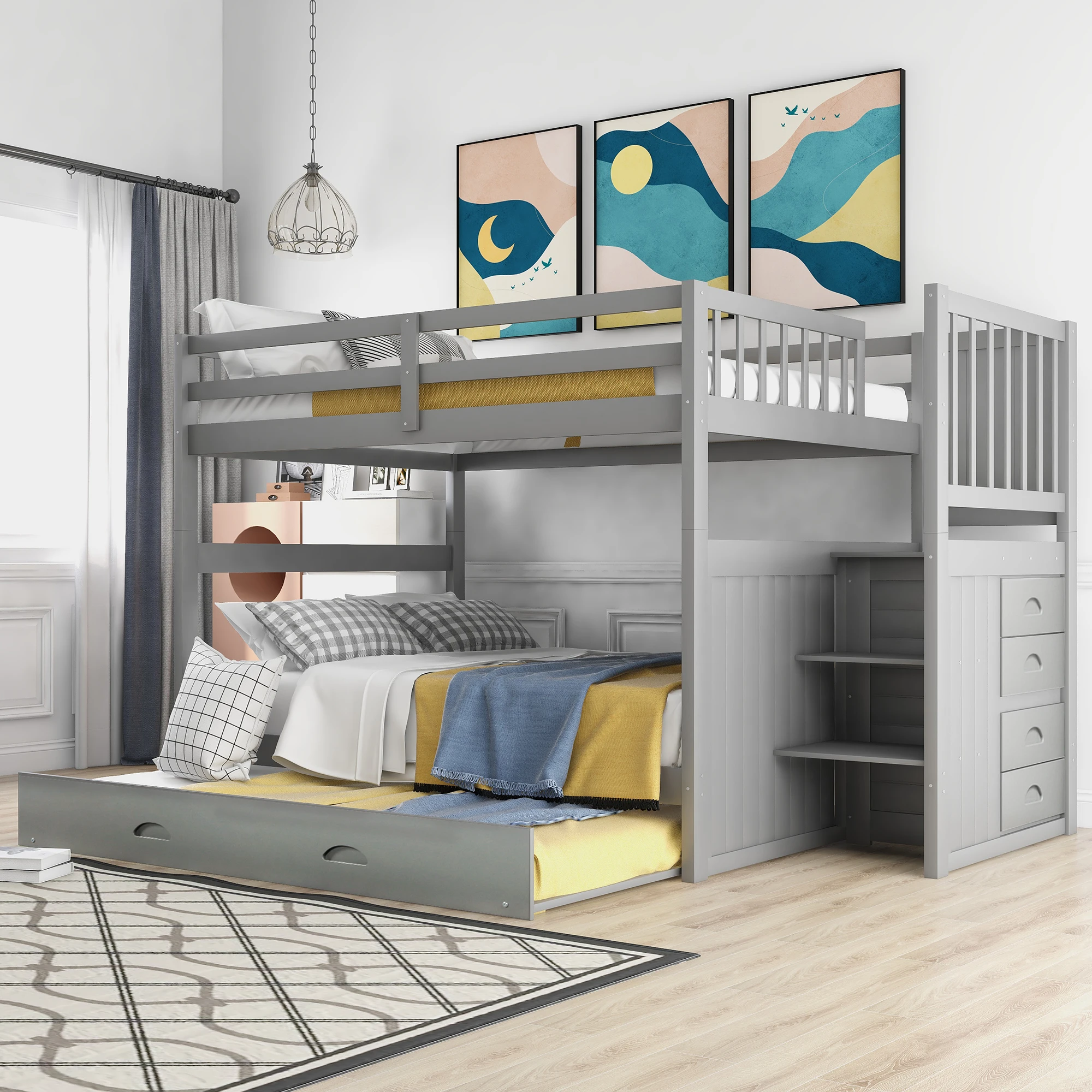 Full over Full Bunk Bed with Twin Size Trundle, Gray - Space-Saving Bed for Kids   98.50x56.50x63 in.