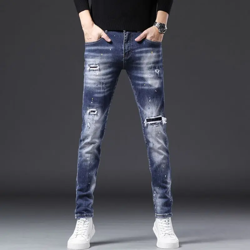 Spring and Summer New Trendy Denim Ripped Jeans Men's Washed Paint Korean Slim-fitting Trousers Fashion Versatile Men's Pants