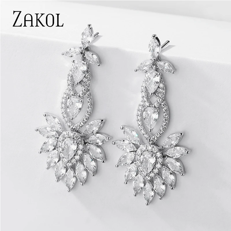 ZAKOL Luxury Clear Crystal Teardrop Bridal Long Drop Dangle Earrings for Women Wedding Party Jewelry FSEP5120