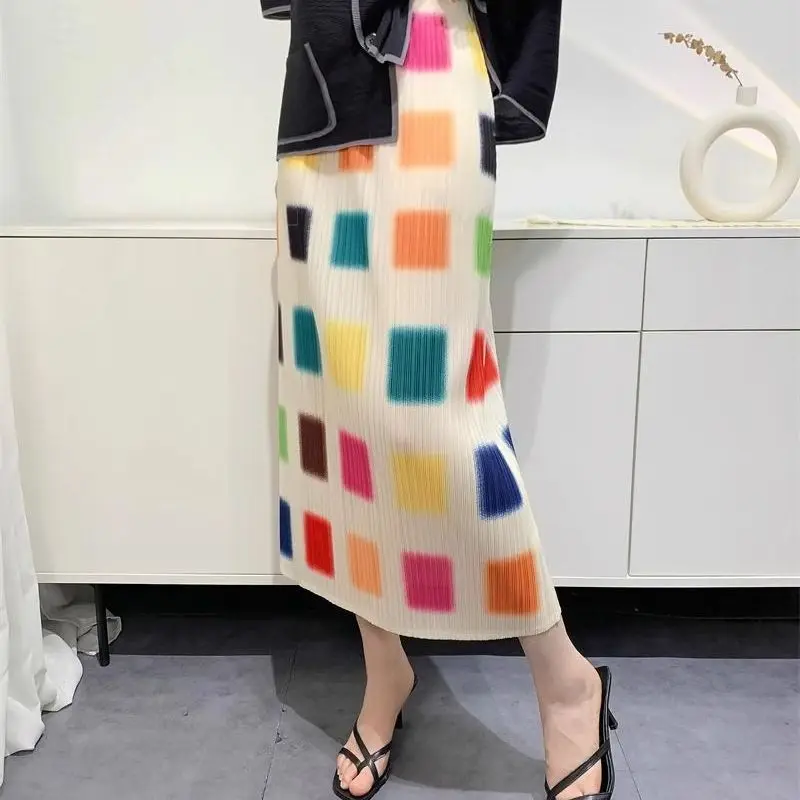 Fashion Plaid Pleated Skirt Women High Waist Slim Fit Mid Skirts Stretch Loose Design Trendy Clothes Elastic Waist Skirt New