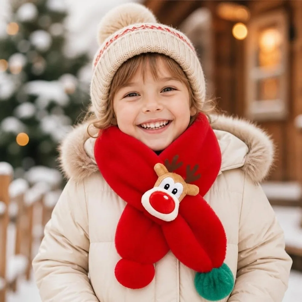 Cartoon Christmas Children Scarf Warm Deer Pattern Kids Neck Warmer Soft Windproof Fleece Scarf for Boys Girls