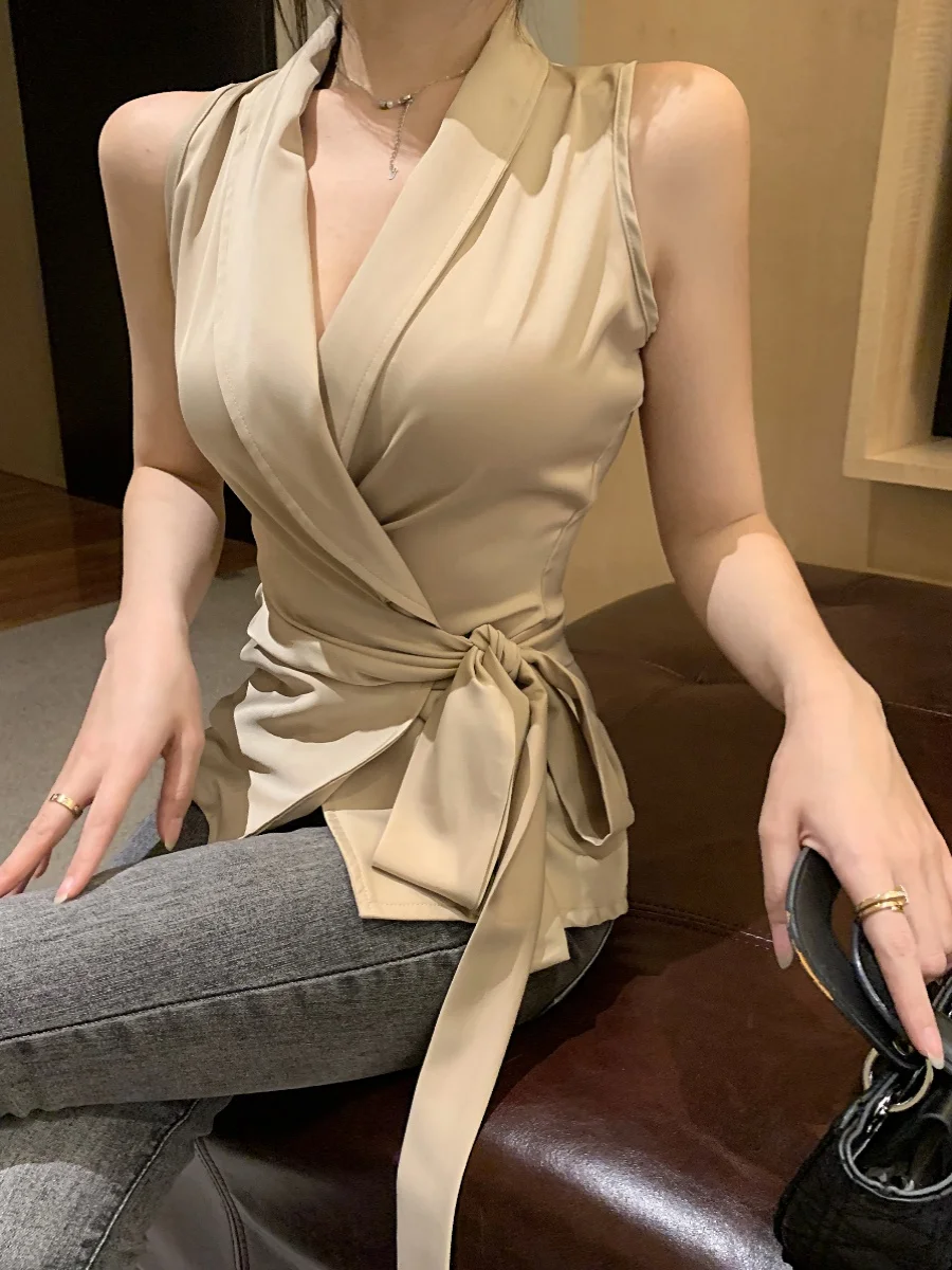 

Женская летняя блузка цвета шампань с поясом, подчеркивающая талию, модный корейский дизайн, V-образный вырез, короткий рукав