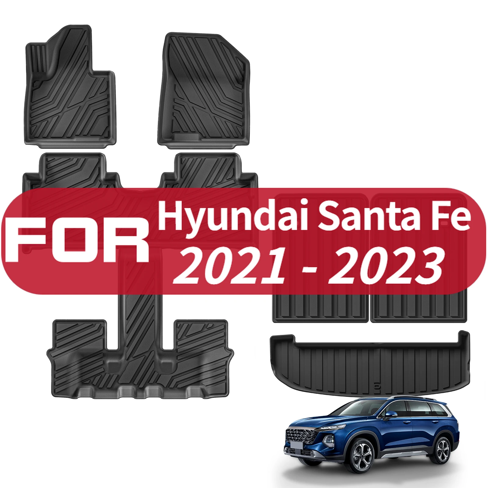 Для Hyundai Santa Fe (негибридный) 7 мест 2021-2023 TPE 3D автомобильные коврики грузовой вкладыш коврик багажника левый руль черный