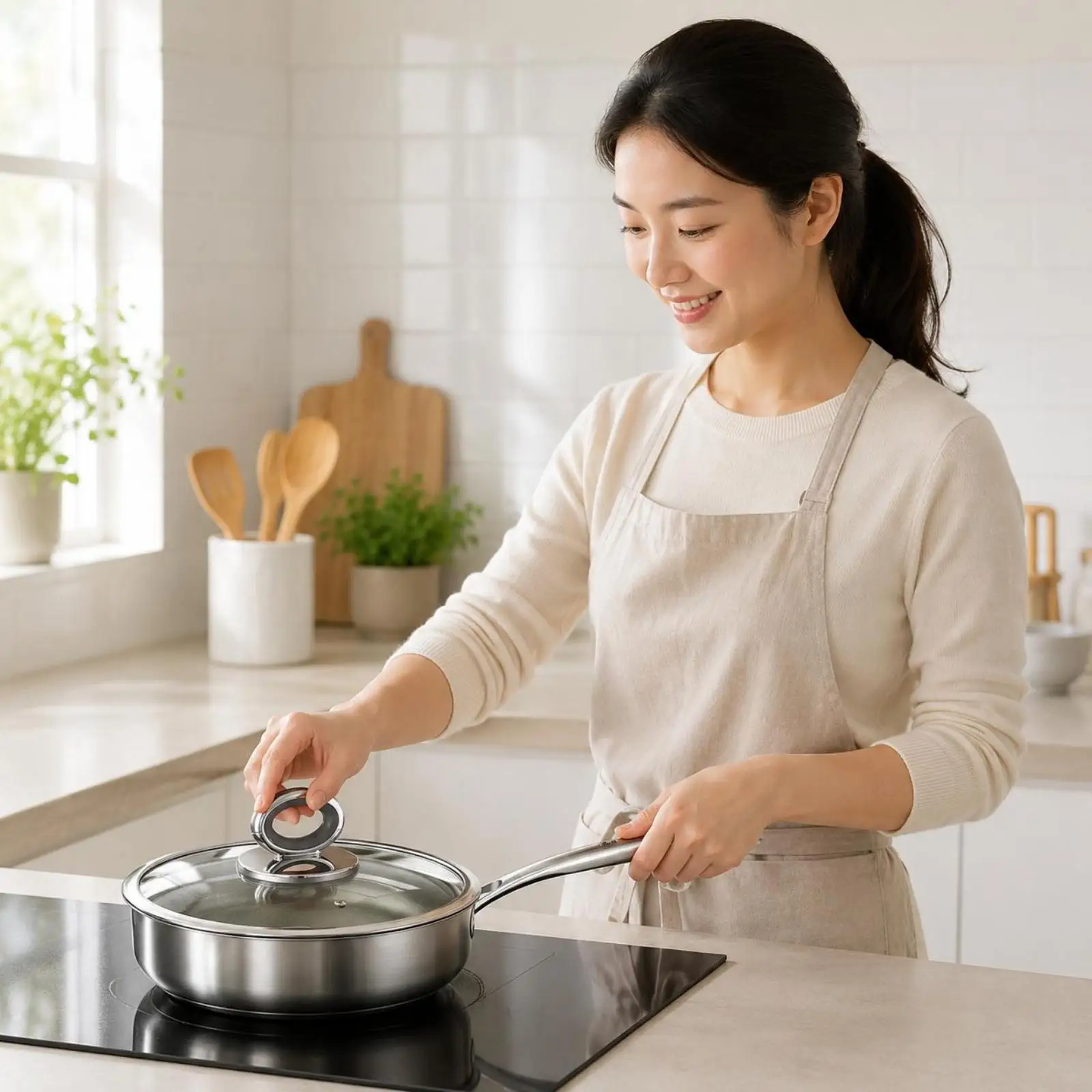316L Stainless Steel Frying Pan, Smooth Metallic Finish, Uncoated, Healthy