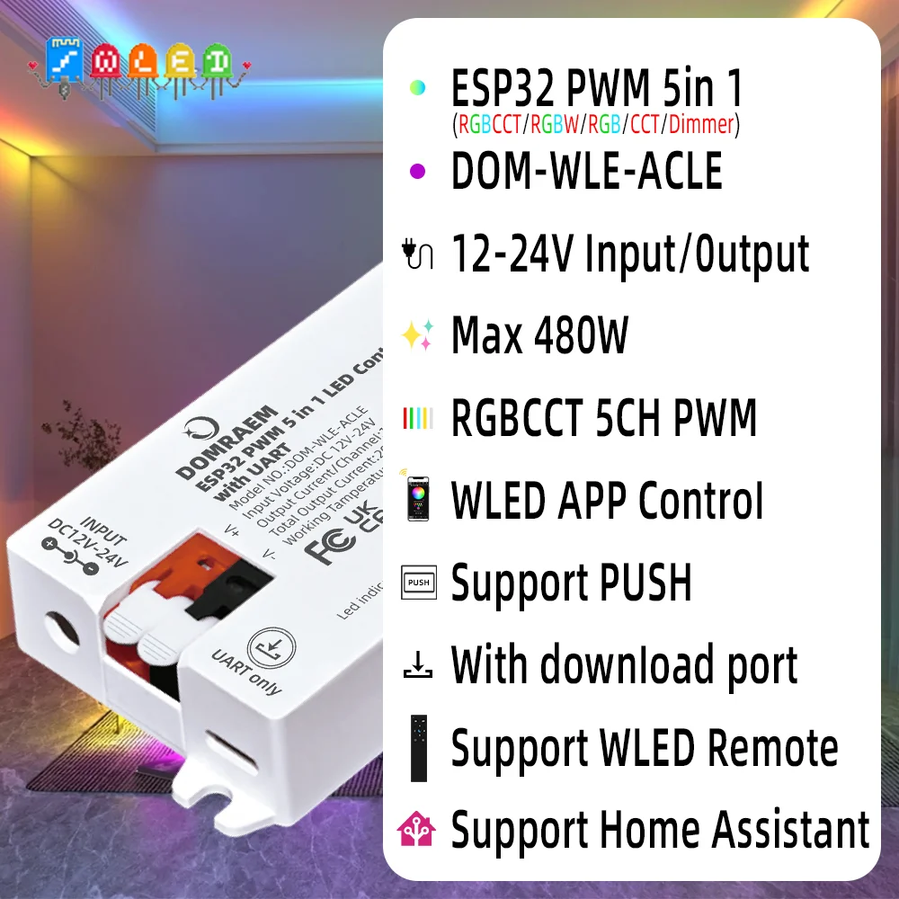 DOMRAEM ESP32 WLED Controller with UART 5-in-1 for RGB RGBW RGBCCT LED Strip Works with Alexa Google Home Assistant PWM Dimming
