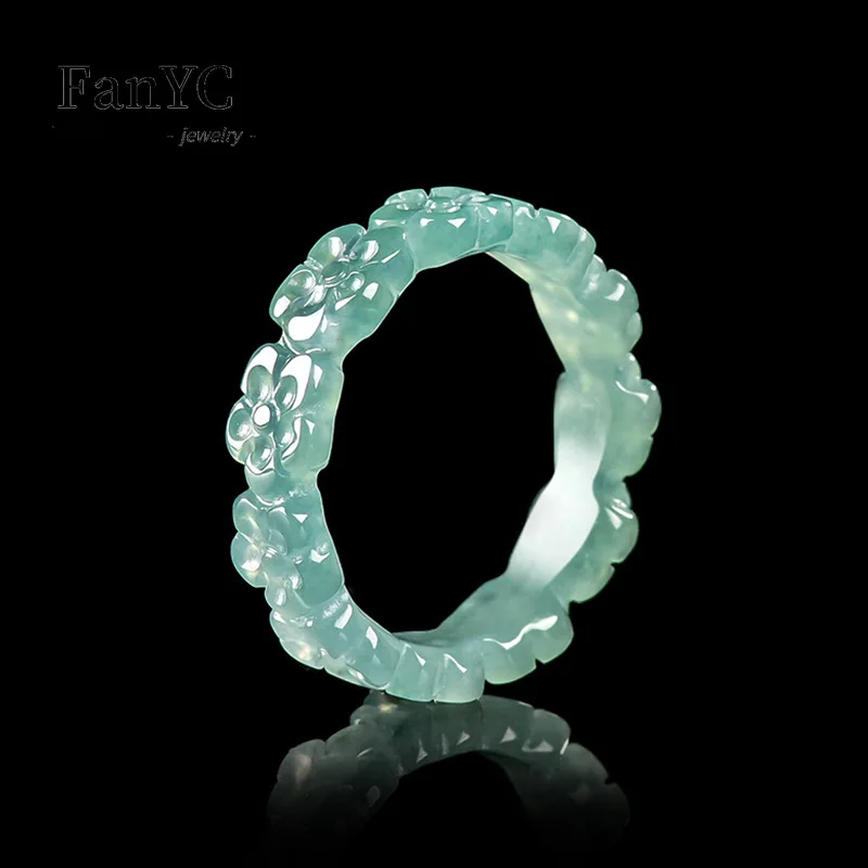 Natural Jadeite Blue Water Three-dimensional Peach Blossom Ring Ice Jade Stone Couple's Fashionable and Charming Jewellery Gift