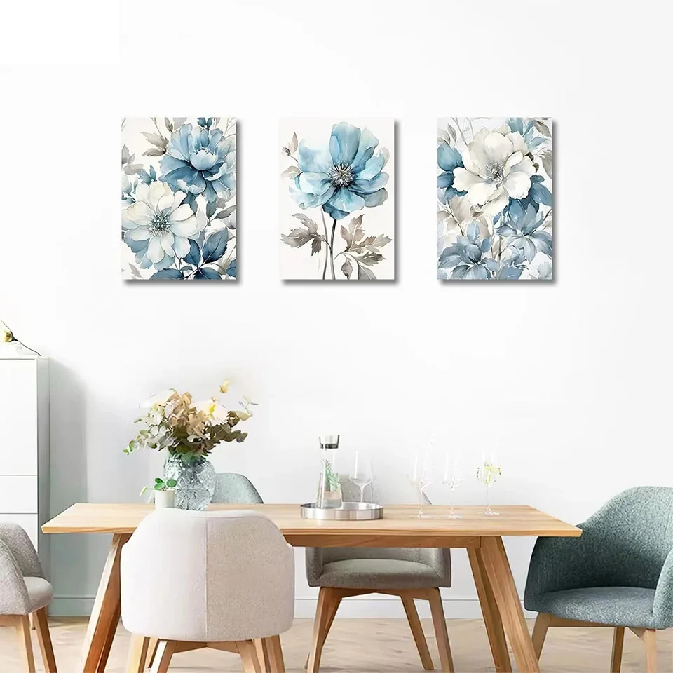 Vintage Blue Flower Diamond painting Triptych Home decoration 3 pieces Full Square Round diamond Mosaic embroidery still life