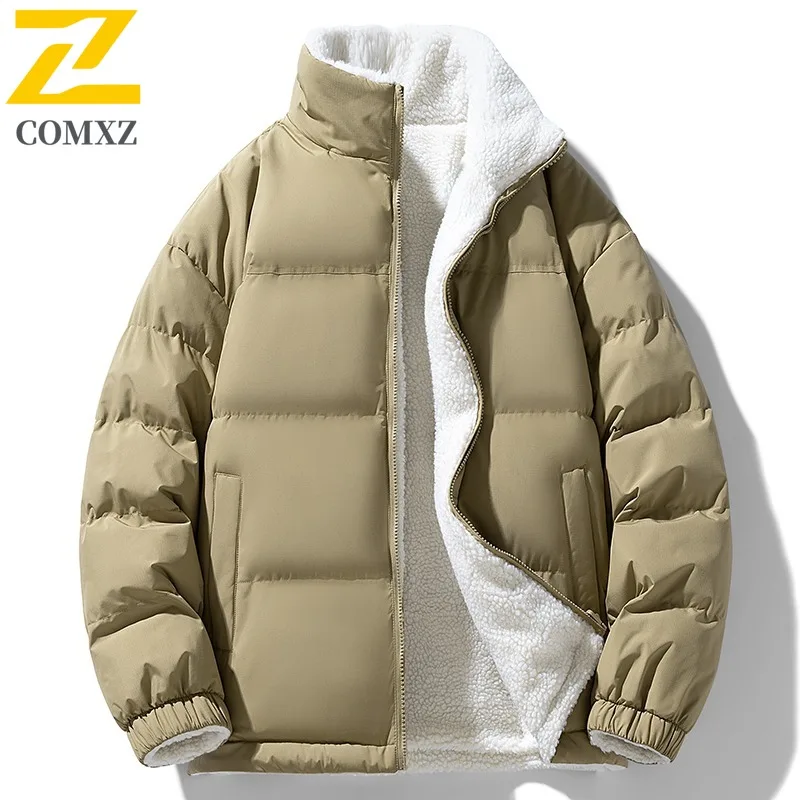 

COMXZ 2025 Winter Fleece Warm Jacket Men Casual Retro Thick Windproof Cotton Padded Jacket Camping Stand Collar Padding Coat