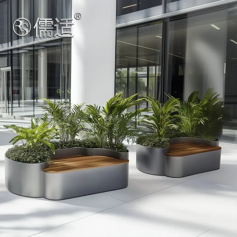 For Outdoor Metal Bench with Flower Planter Stainless Steel Garden Seating Combo Partition Stool with Plant Slot Durable