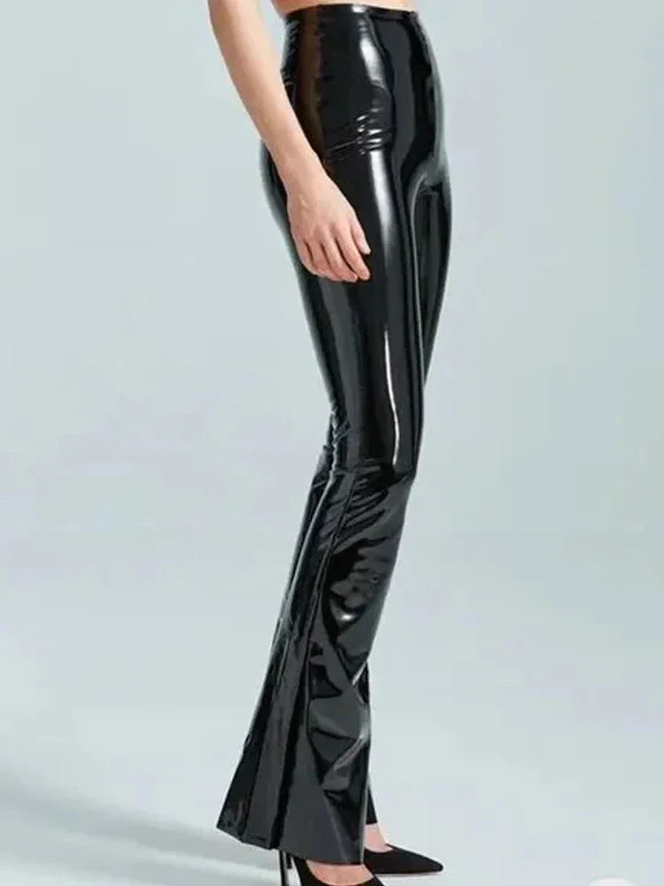 Women Shiny Faux Leather Bodycon Flare Pants Lady Solid Color Sexy High Waist Slim PU Bell-Bottom Trousers Party Clubwear Custom