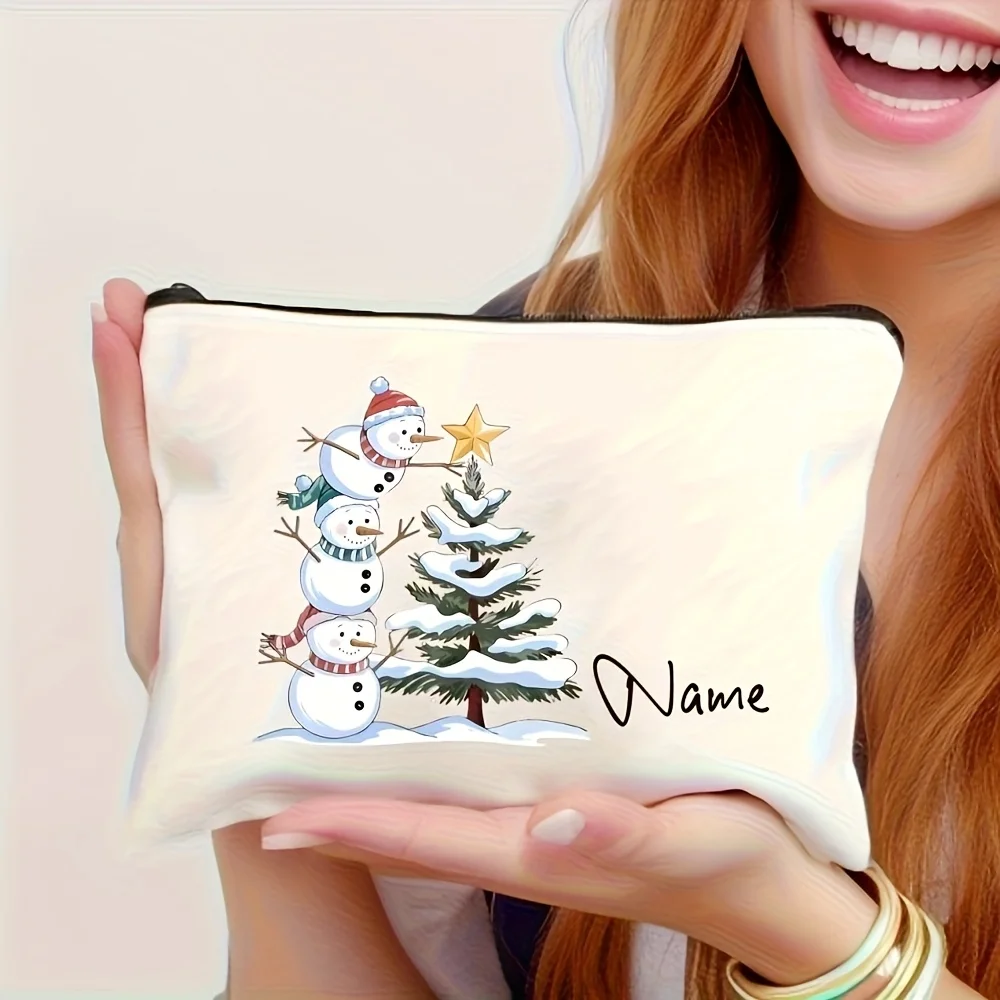 Personalized Name Snowman Christmas Cosmetic Pouch Custom Print Women Travel Makeup Storage Zipper Bag Cute Winter Holiday Gif