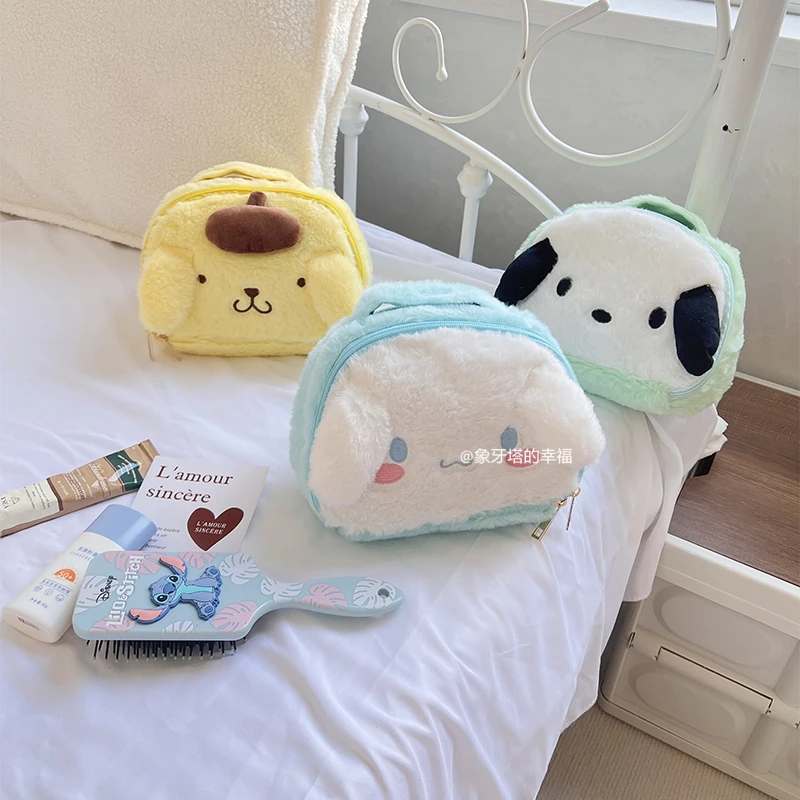 Sanrio Cute Anime Cosmetic Case Kuromi My Meldoy Pochacco Cinnamoroll Pom Pom Purin Plush Bag Handbag Coin Purse High-capacity