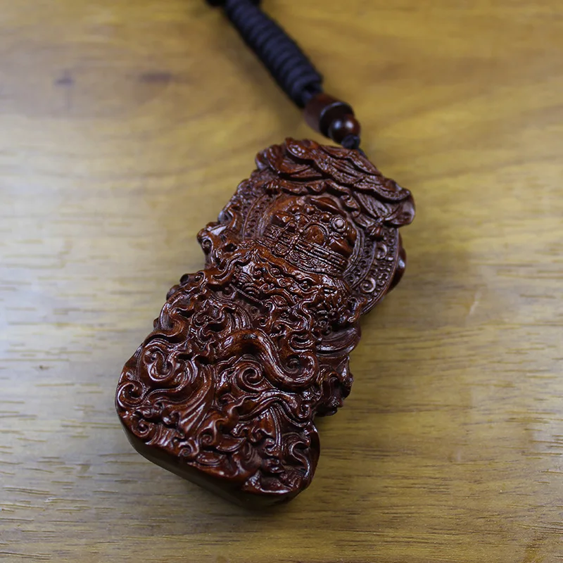 Chinese Traditional Thunder Struck Jujube Wood Hand Carved Zhao Gongming God Of Wealth Pendant Lucky Fortune Amulet Blessing Goo