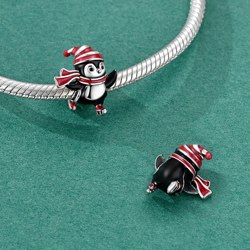New 925 Sterling Silver Penguin Skating String Ornament Charms Bead Fit Original Bracelet DIY Women Fine Christmas Jewelry Gifts