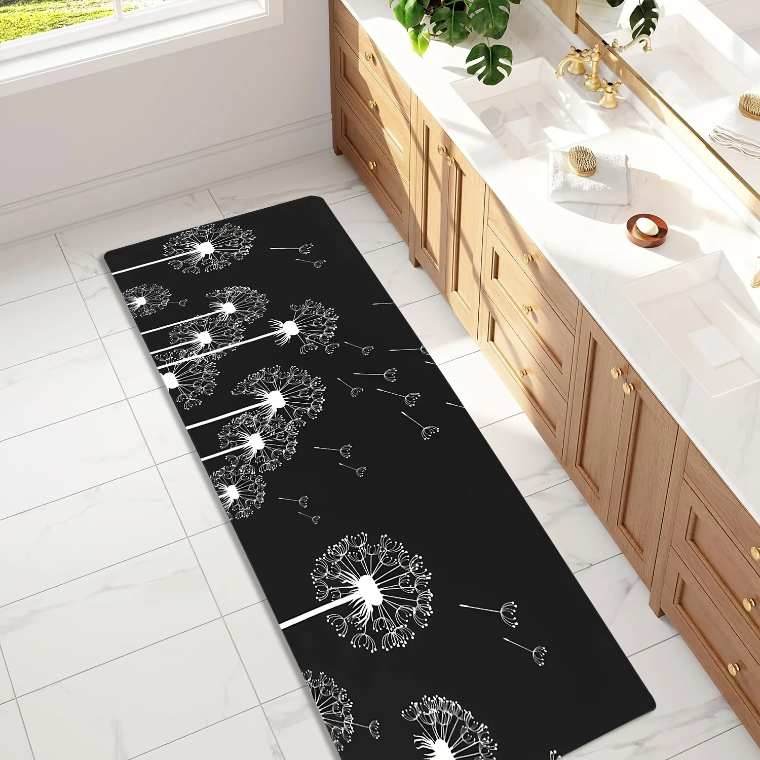 Black White Dandelion Kitchen Rug Non-Slip Washable Diatom Mud Floor Mat for Kitchen Hallway Living Room Home Decor