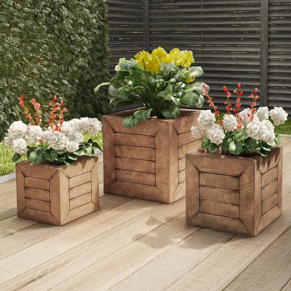 

Fiber Clay Planters - 3-Piece Varying Height Square Wood Look Pot Set with Drainage Holes for Herbs, Plants, or Flow